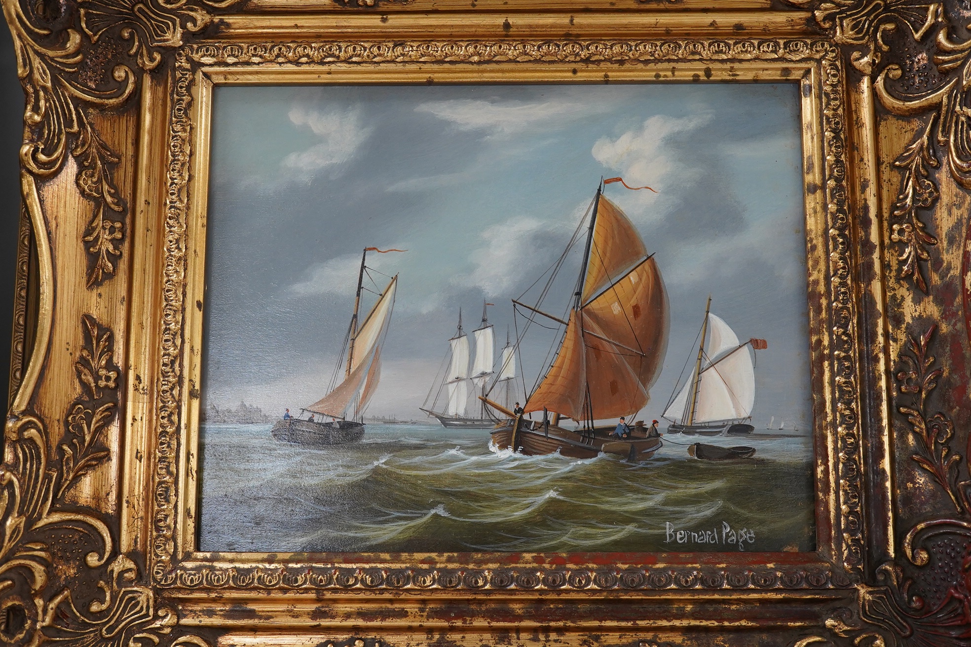 Bernard Page (1927-1988), Contemporary oil on board, Seascape with sailing boats, signed, 19 x 24cm, ornate gilt framed. Condition - good